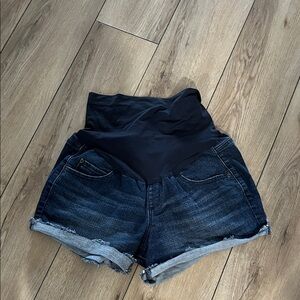 a:glow Dark Blue Denim Maternity Shorts with Black High Waist Panel